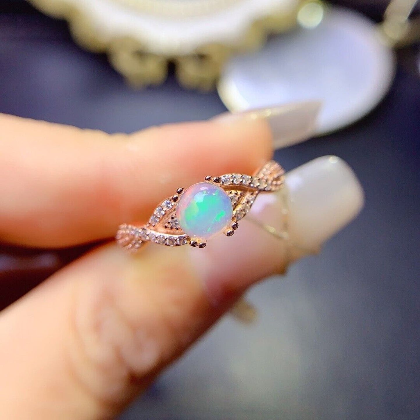 Dainty Opal Gemstone Ring 6mm Sterling Silver