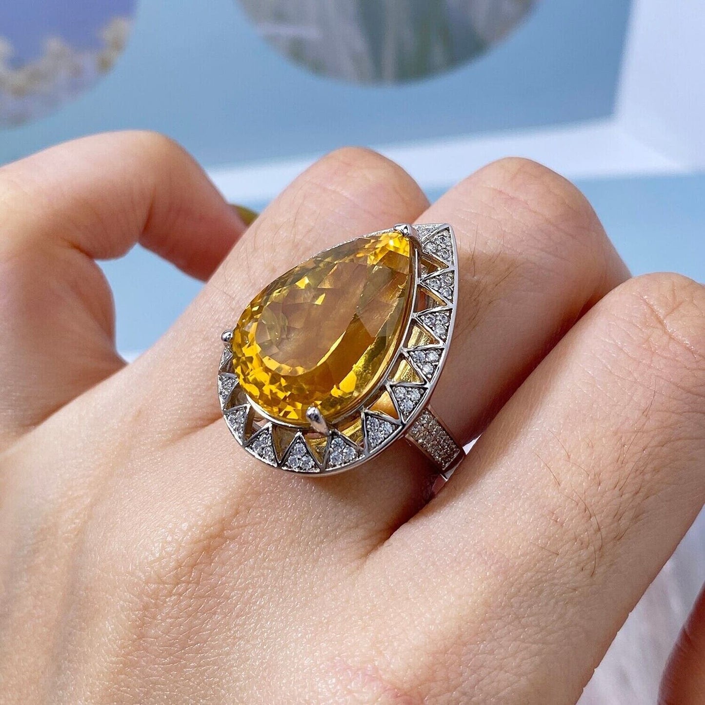 Citrine Gemstone Pear Cut Statement Ring 15 Carat