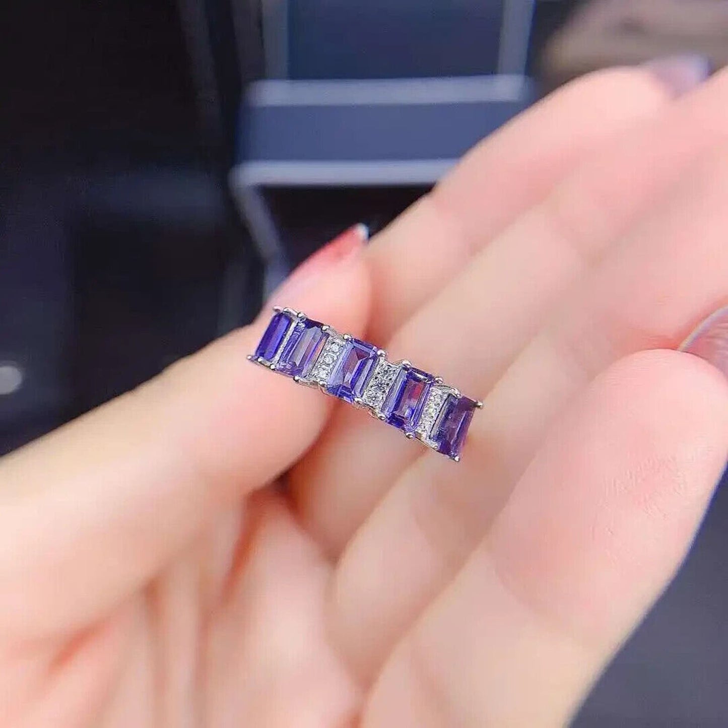 Purple Tanzanite Band Ring 3x5mm Platinum Plated