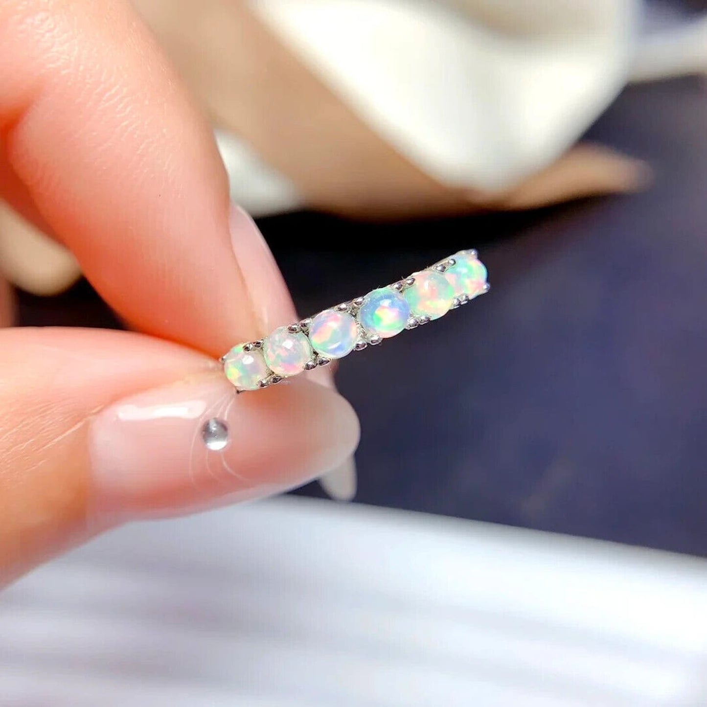 Australian White Opal Band Ring 3mm 925 Sterling Silver