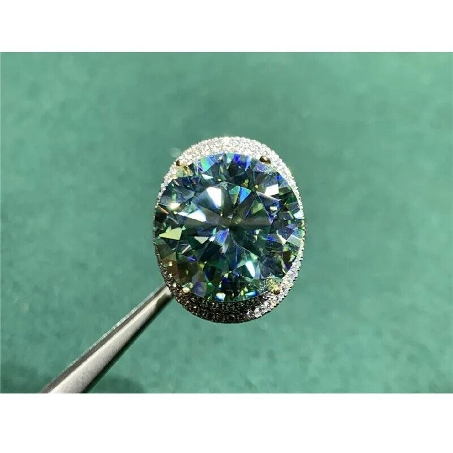 15 Carat VVS1 Round Brilliant Cut Green Moissanite Ring Sterling Silver