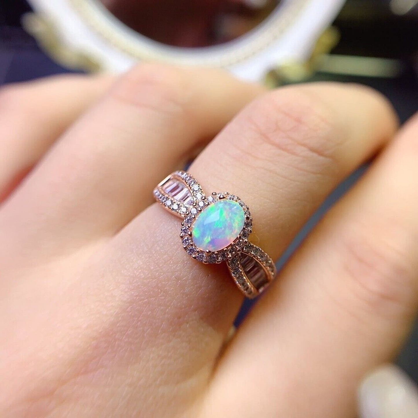 Fire Opal Gemstone and Crystal Cocktail Ring 5x7mm