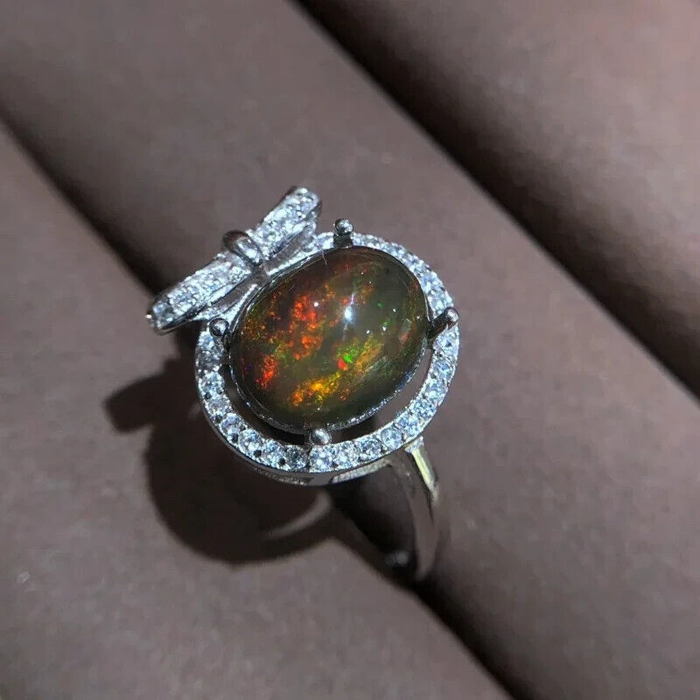 Black Fire Opal Cocktail Ring 8x10mm Platinum Plated