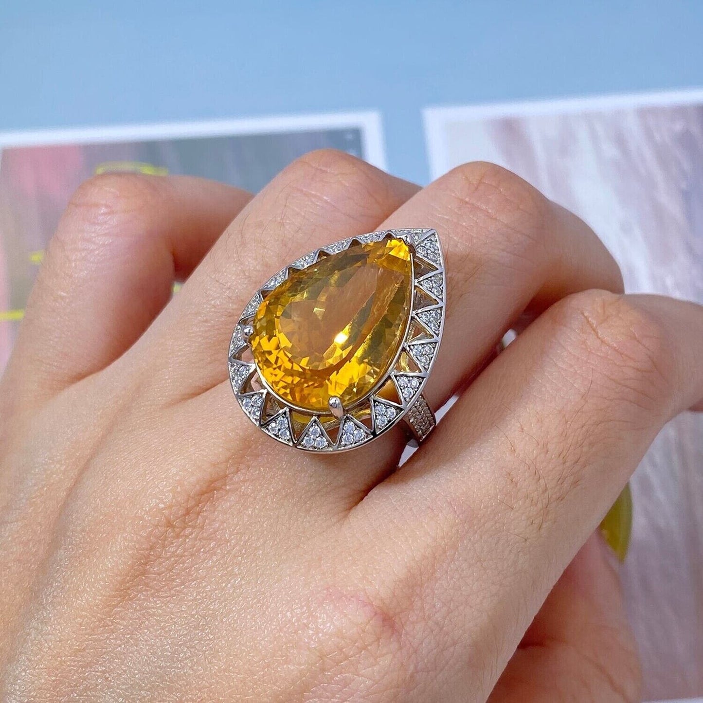 Citrine Gemstone Pear Cut Statement Ring 15 Carat