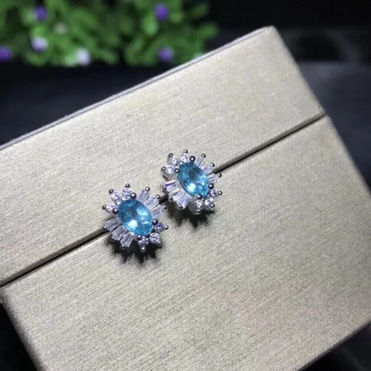 Sky Blue Topaz Cluster Stud Earrings 4x6mm