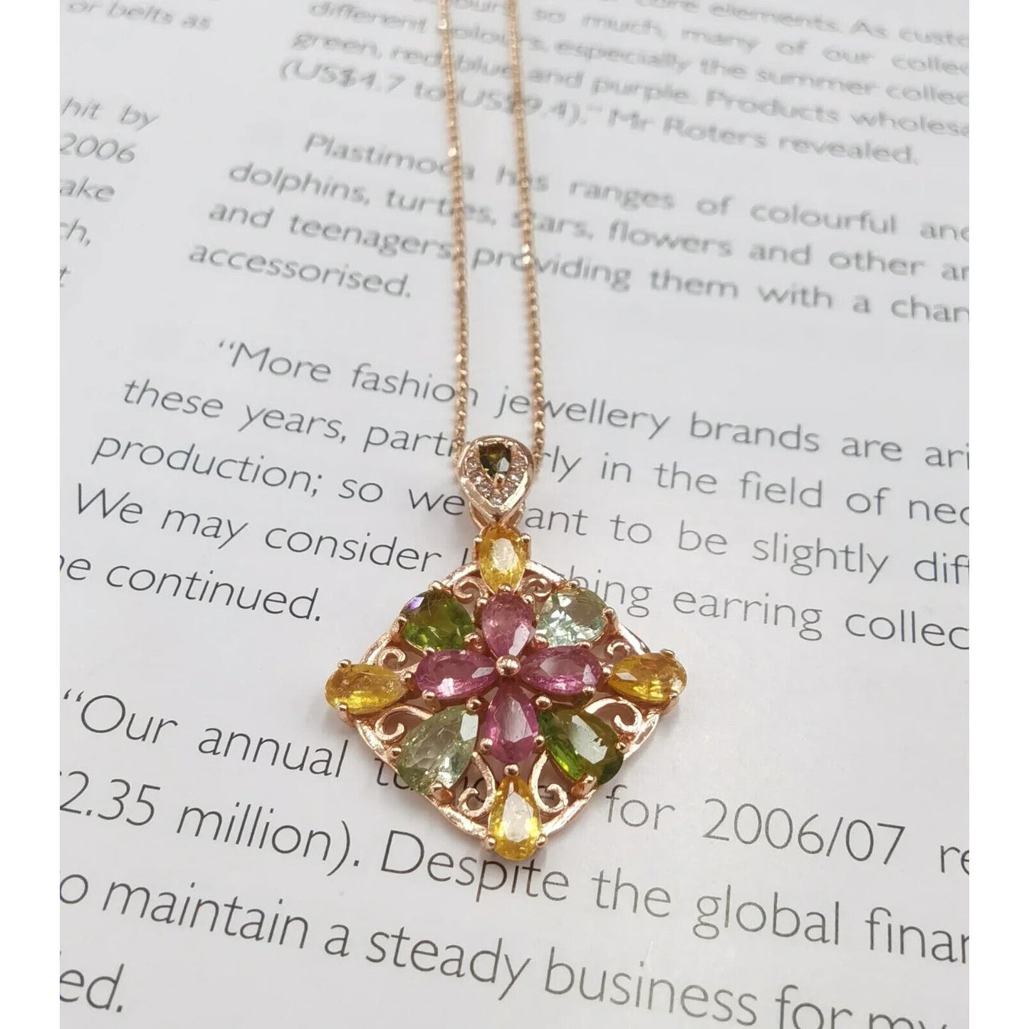 Colorful Tourmaline Flower Pendant Necklace Rose Gold