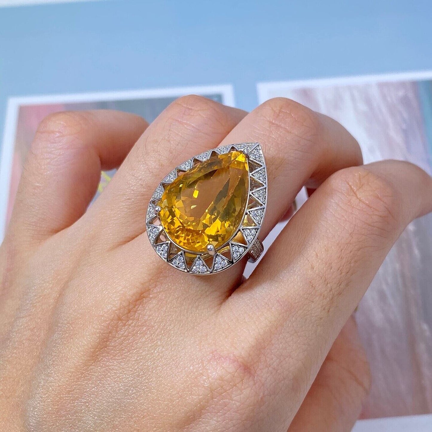 Citrine Gemstone Pear Cut Statement Ring 15 Carat