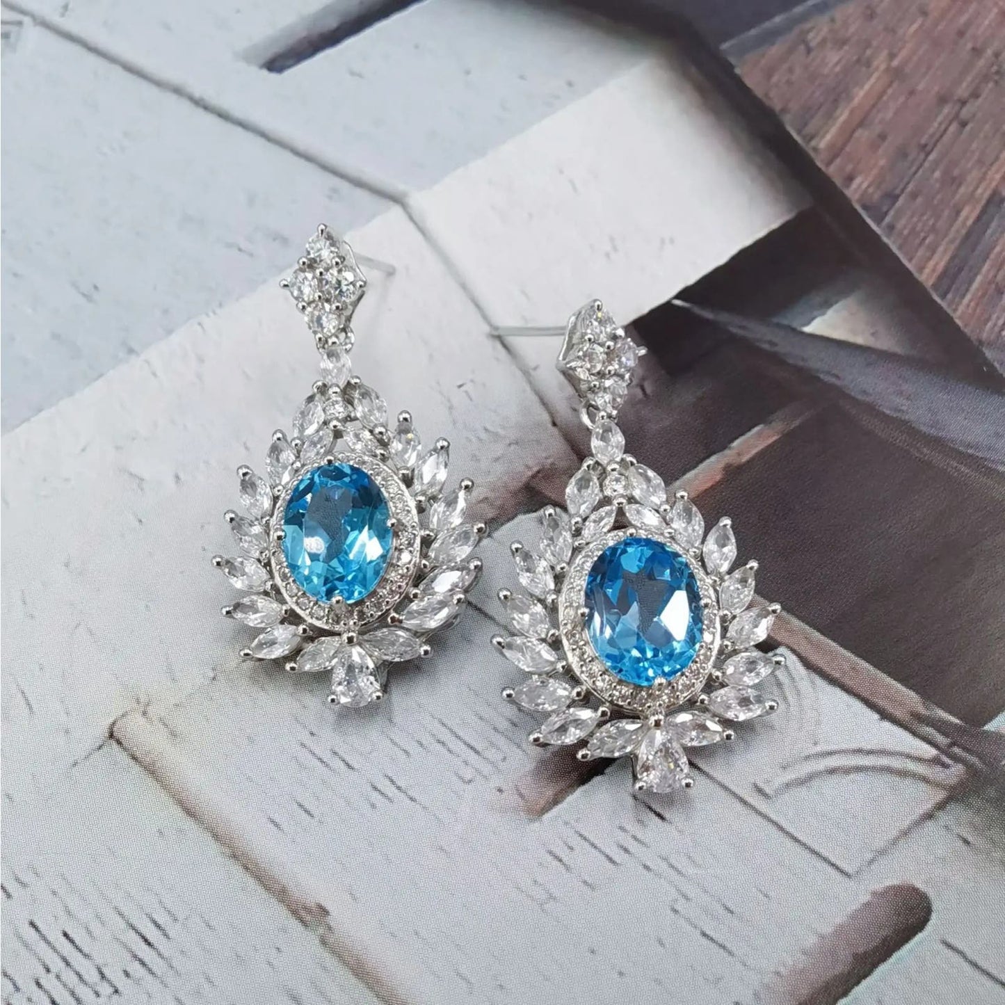 Swiss Blue Topaz Cluster Statement Earrings 7x9mm