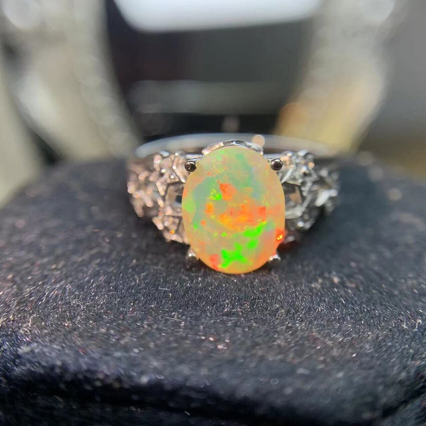 Fire Opal Cocktail Ring 8x10mm Sterling Silver