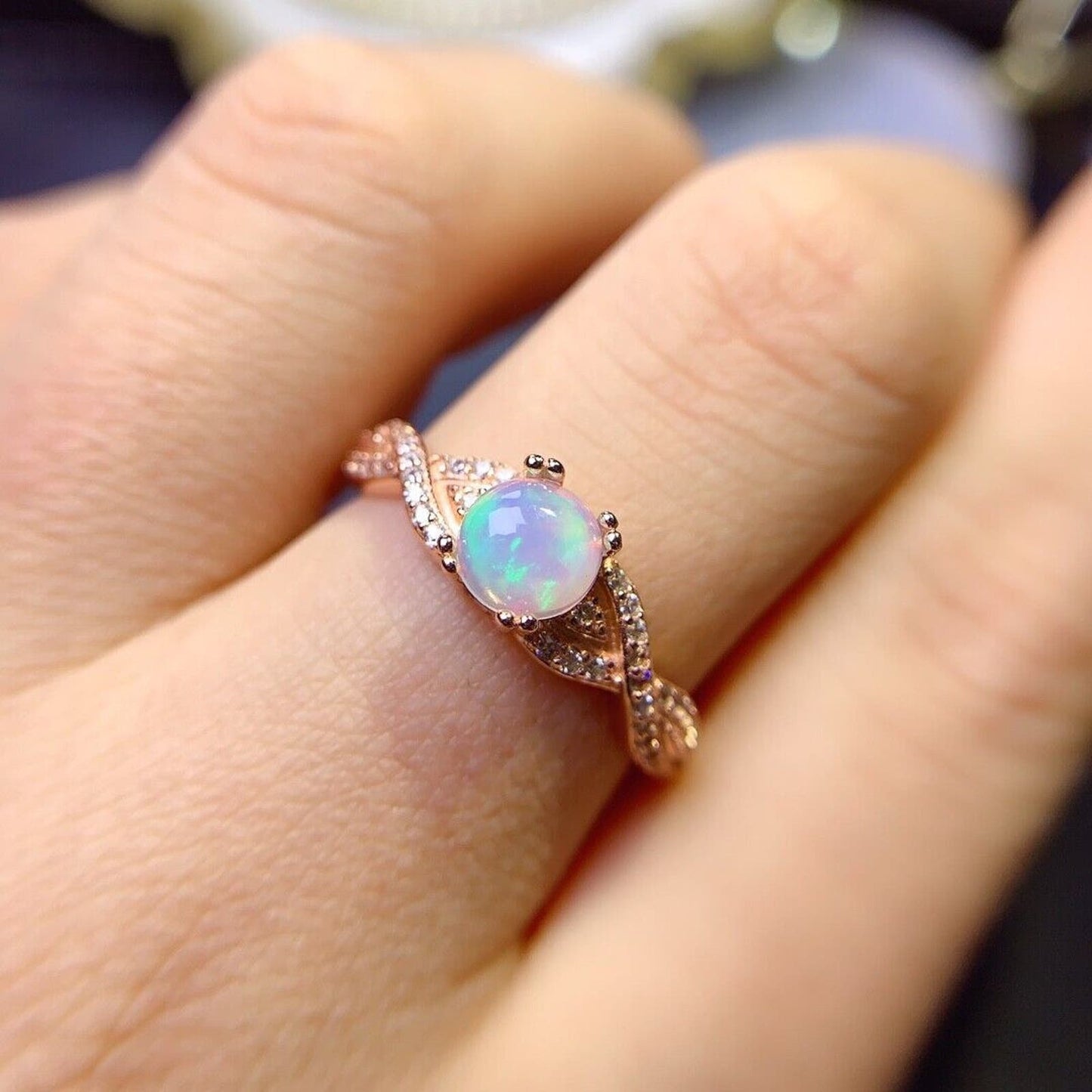 Dainty Opal Gemstone Ring 6mm Sterling Silver