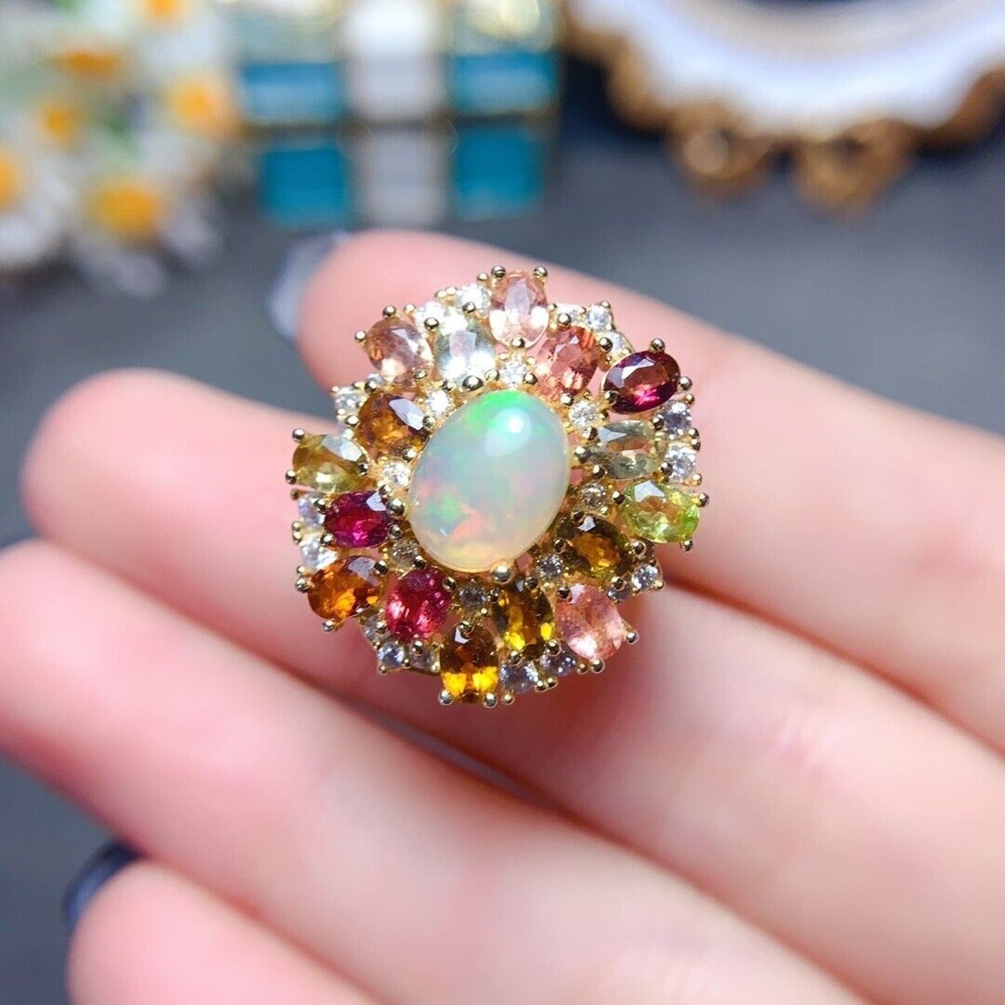 Fire Opal and Multicolor Tourmaline Statement Ring 7x9mm