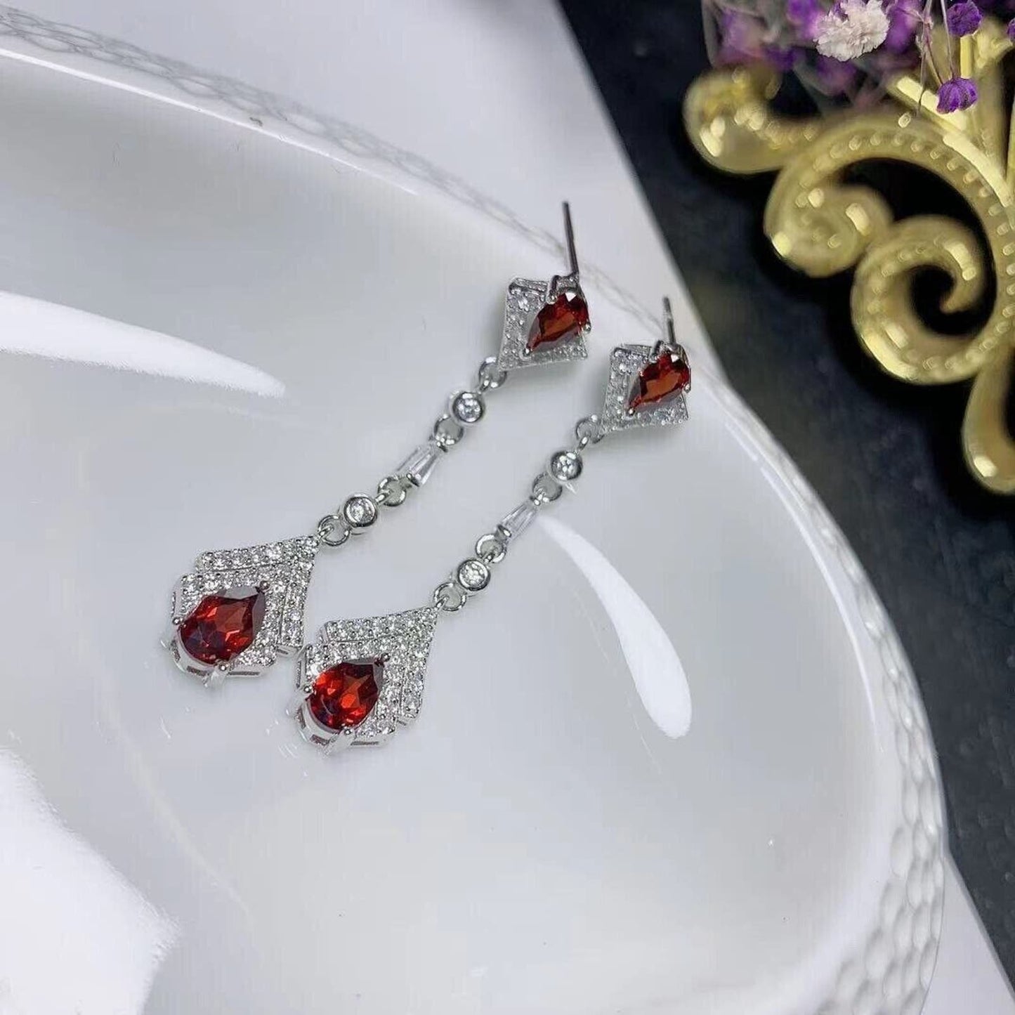 Red Garnet Long Dangle Earrings 4x6mm Platinum Plated