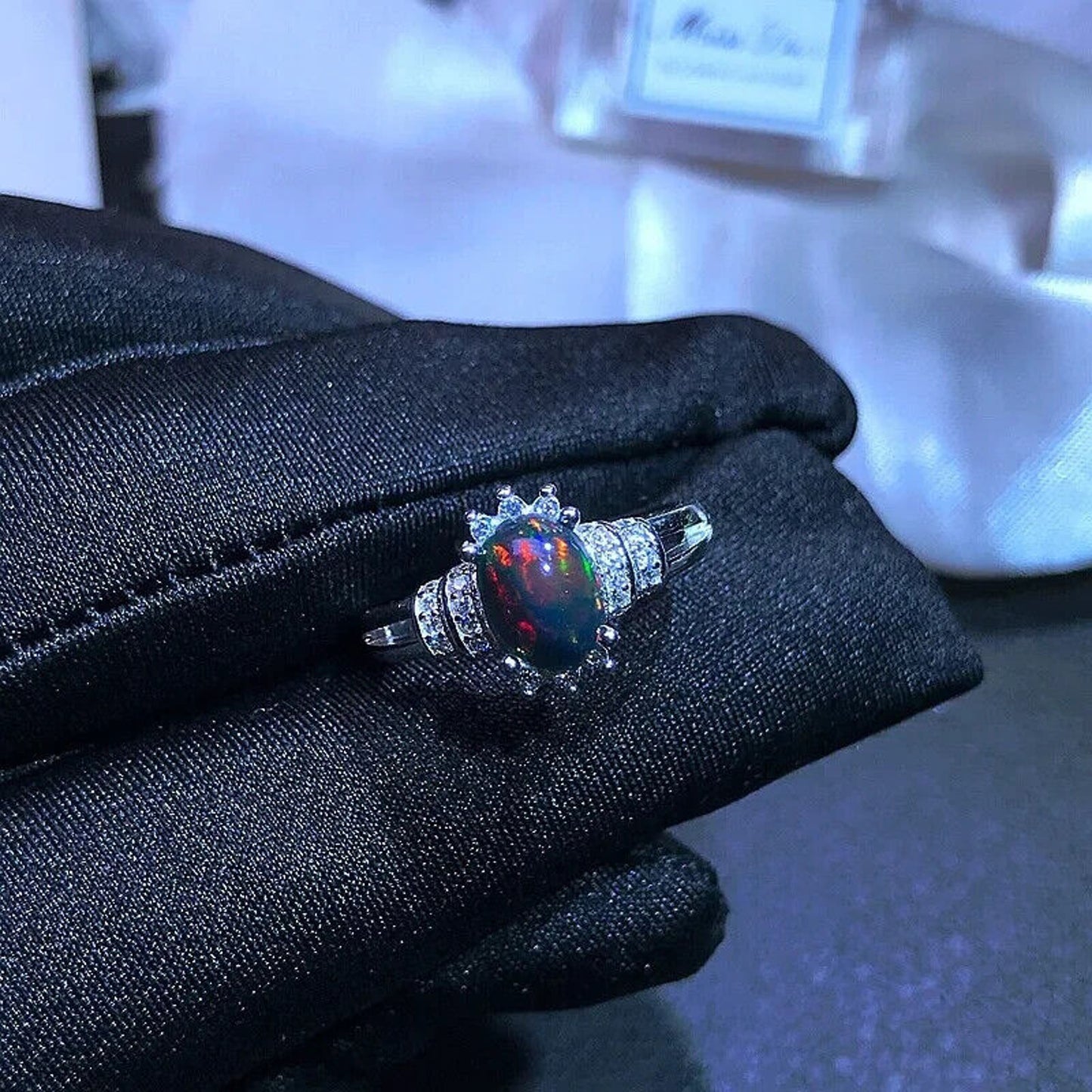 Dainty Black Fire Opal Ring 6x8mm Sterling Silver