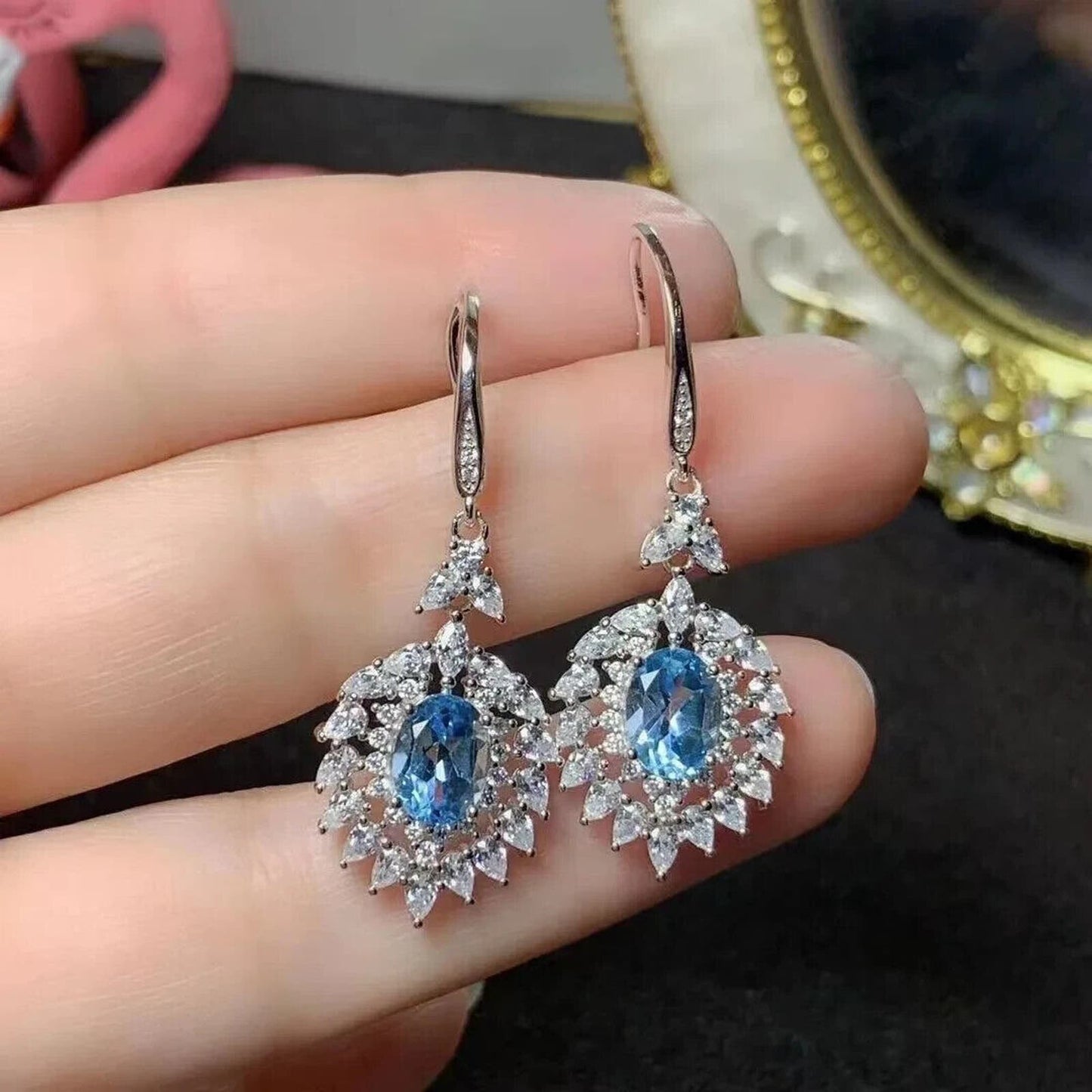 Sky Blue Topaz Cluster Dangle Earrings 6x8mm