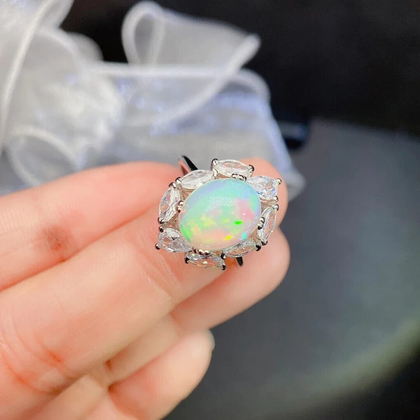 White Fire Opal Cluster Ring 10x12mm Sterling Silver