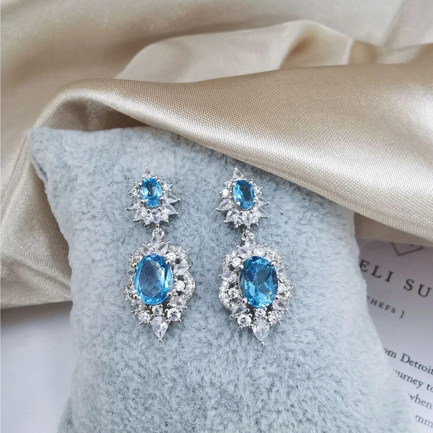 Swiss Blue Topaz Cluster Statement Earrings 7x9mm