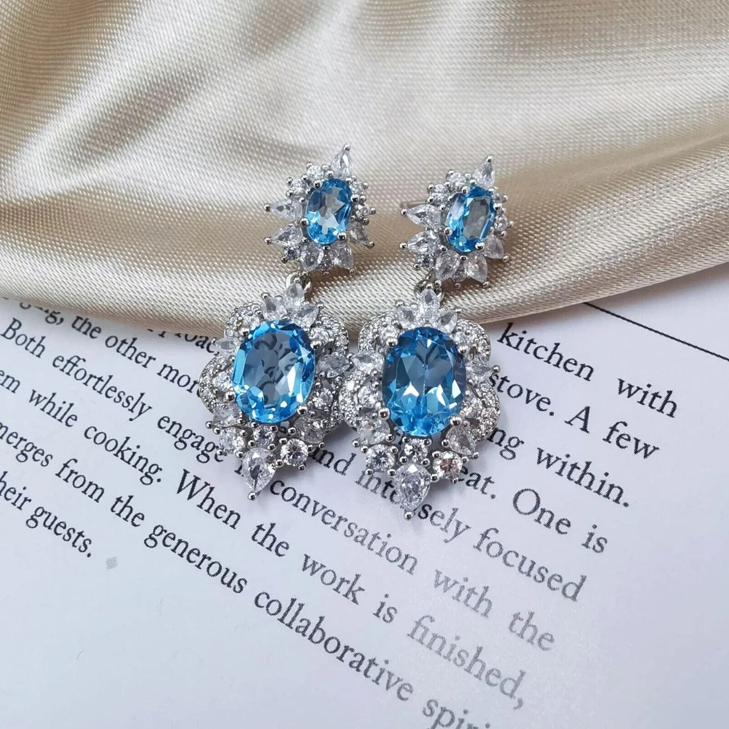 Swiss Blue Topaz Cluster Statement Earrings 7x9mm