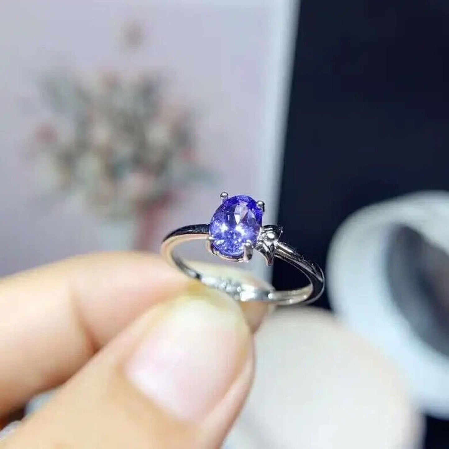 Purple Tanzanite Solitaire Ring 5x7mm Platinum Plated