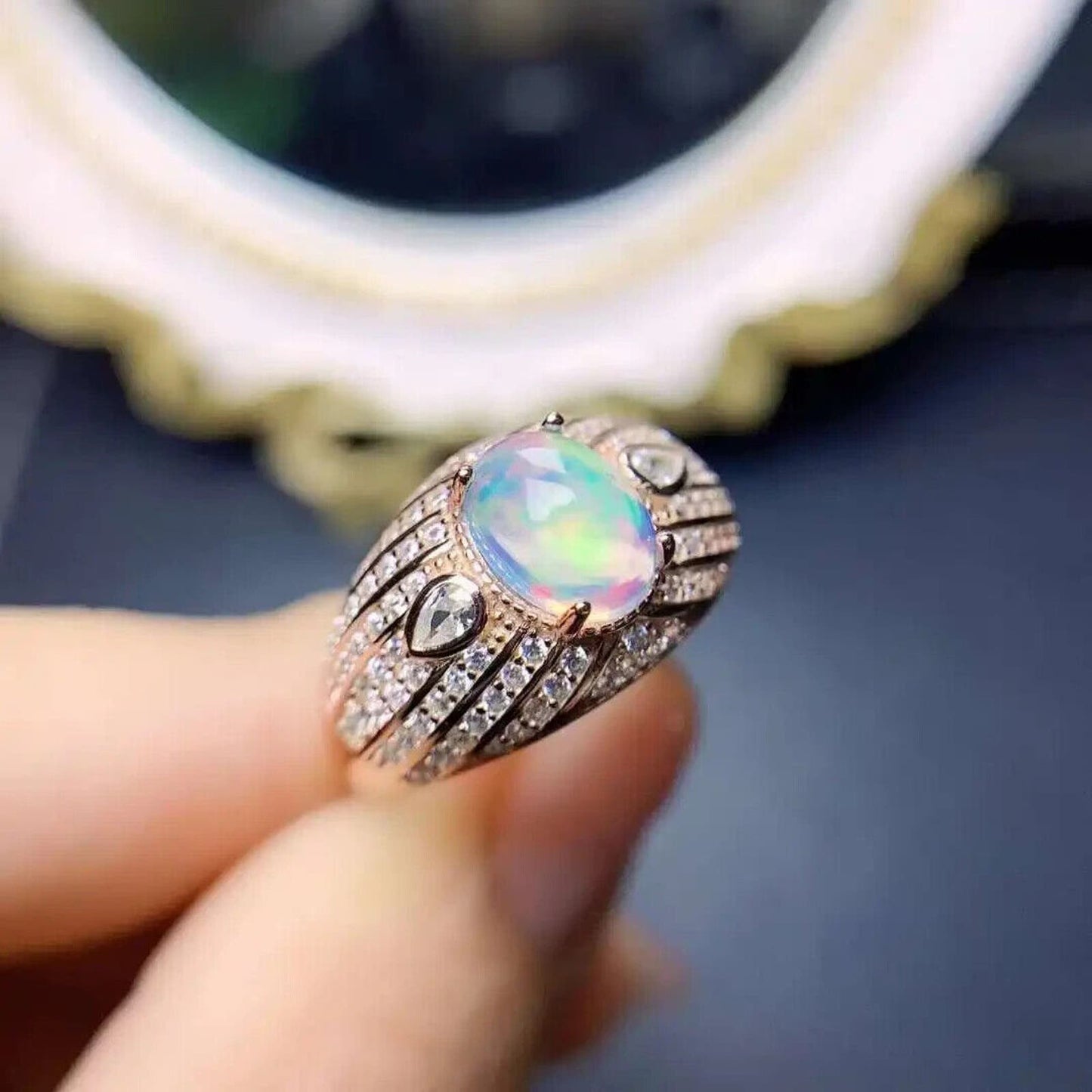 Natural White Opal Cocktail Ring 7x9mm Platinum Plated