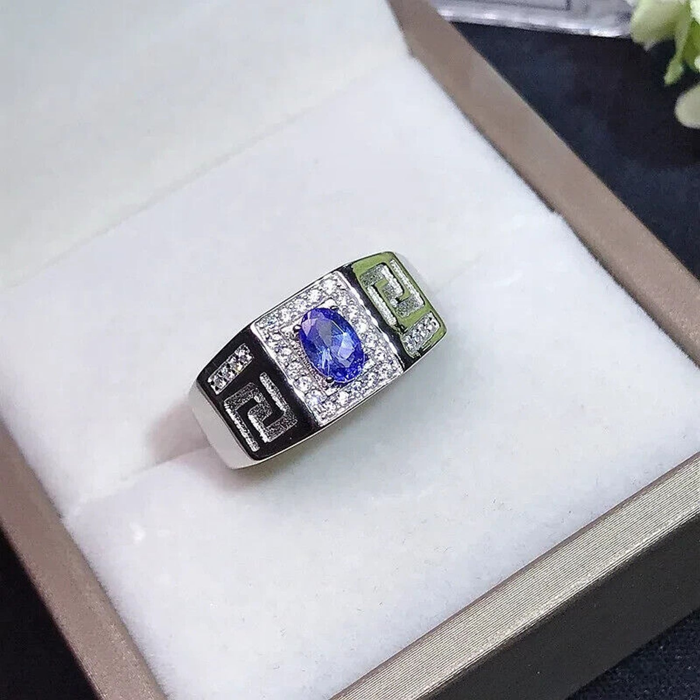 Mens Tanzanite Cocktail Ring VVS1 4x6mm Platinum Plated