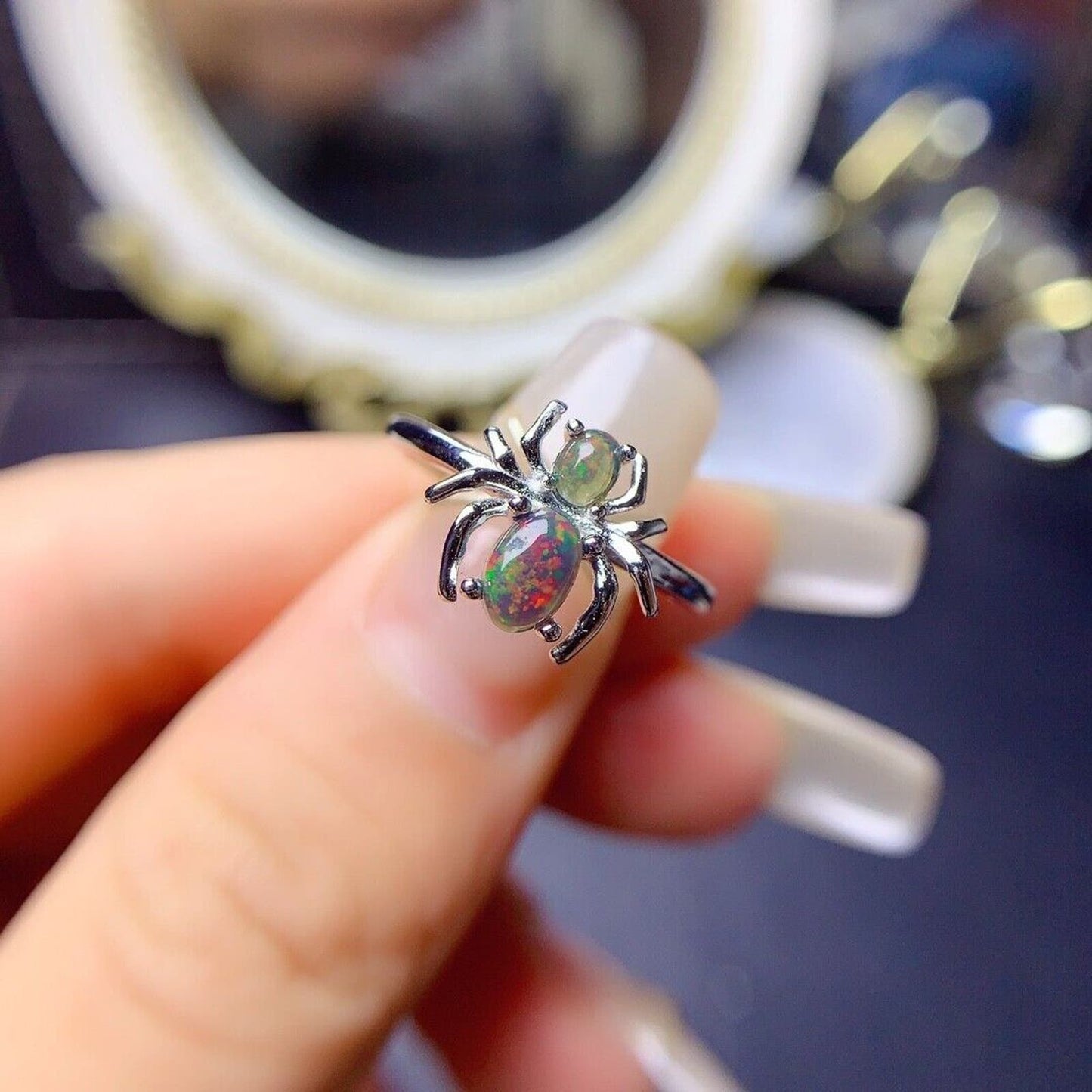 Black Fire Opal Spider Ring Sterling Silver