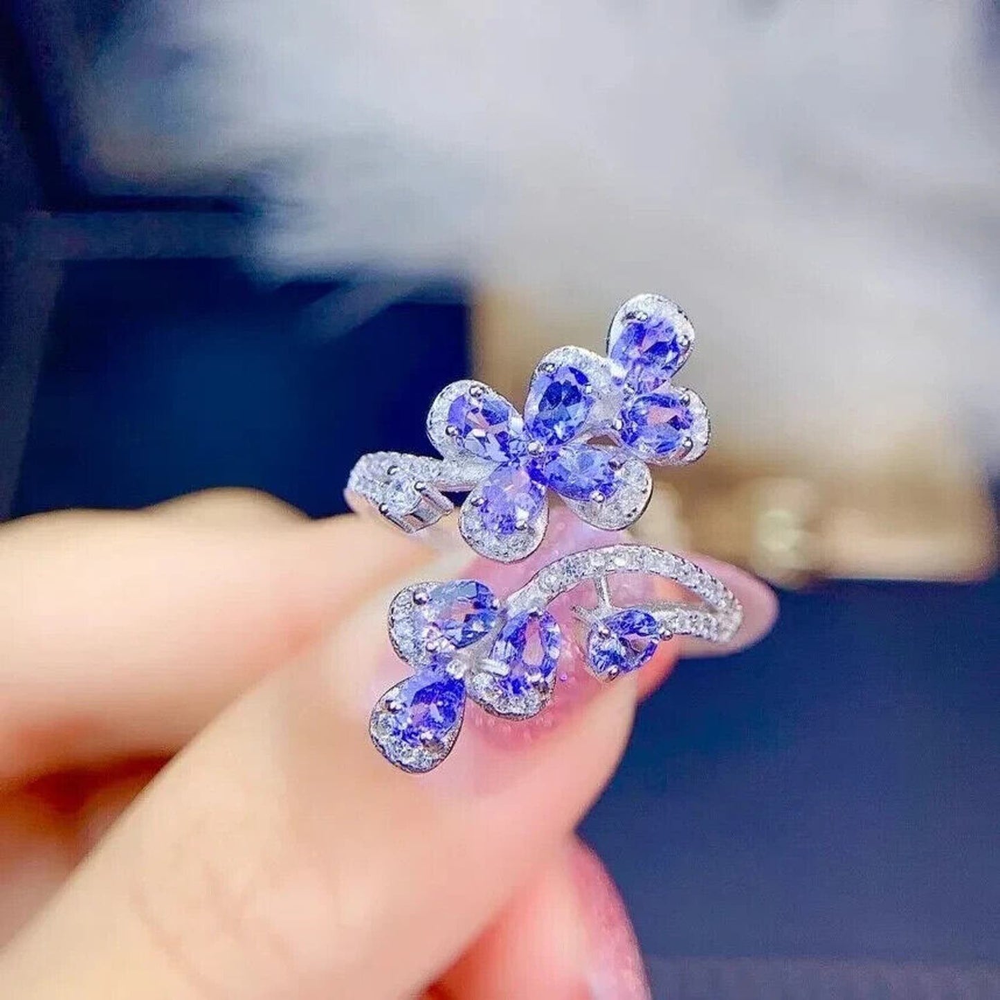 VVS1 Purple Tanzanite Floral Cocktail Ring, Natural Purple Tanzanite Ring