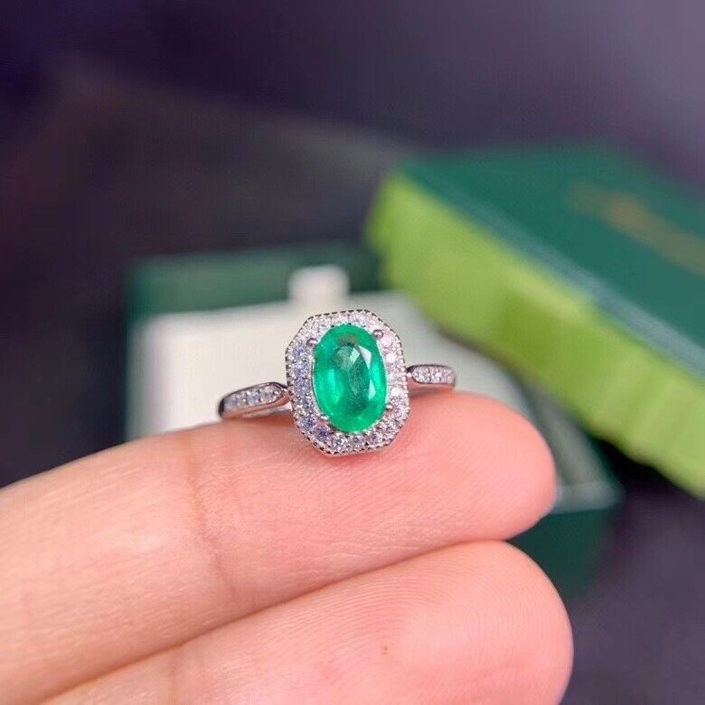 Colombian Emerald Cocktail Ring 5x7mm Sterling Silver