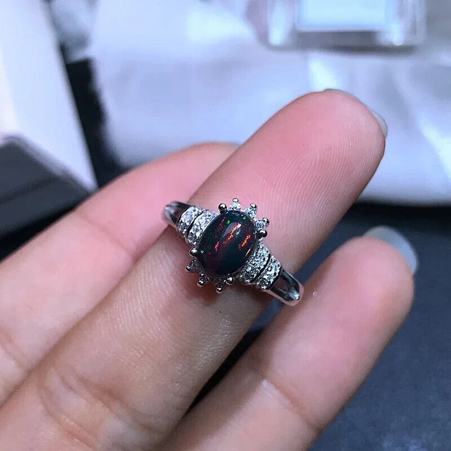 Dainty Black Fire Opal Ring 6x8mm Sterling Silver