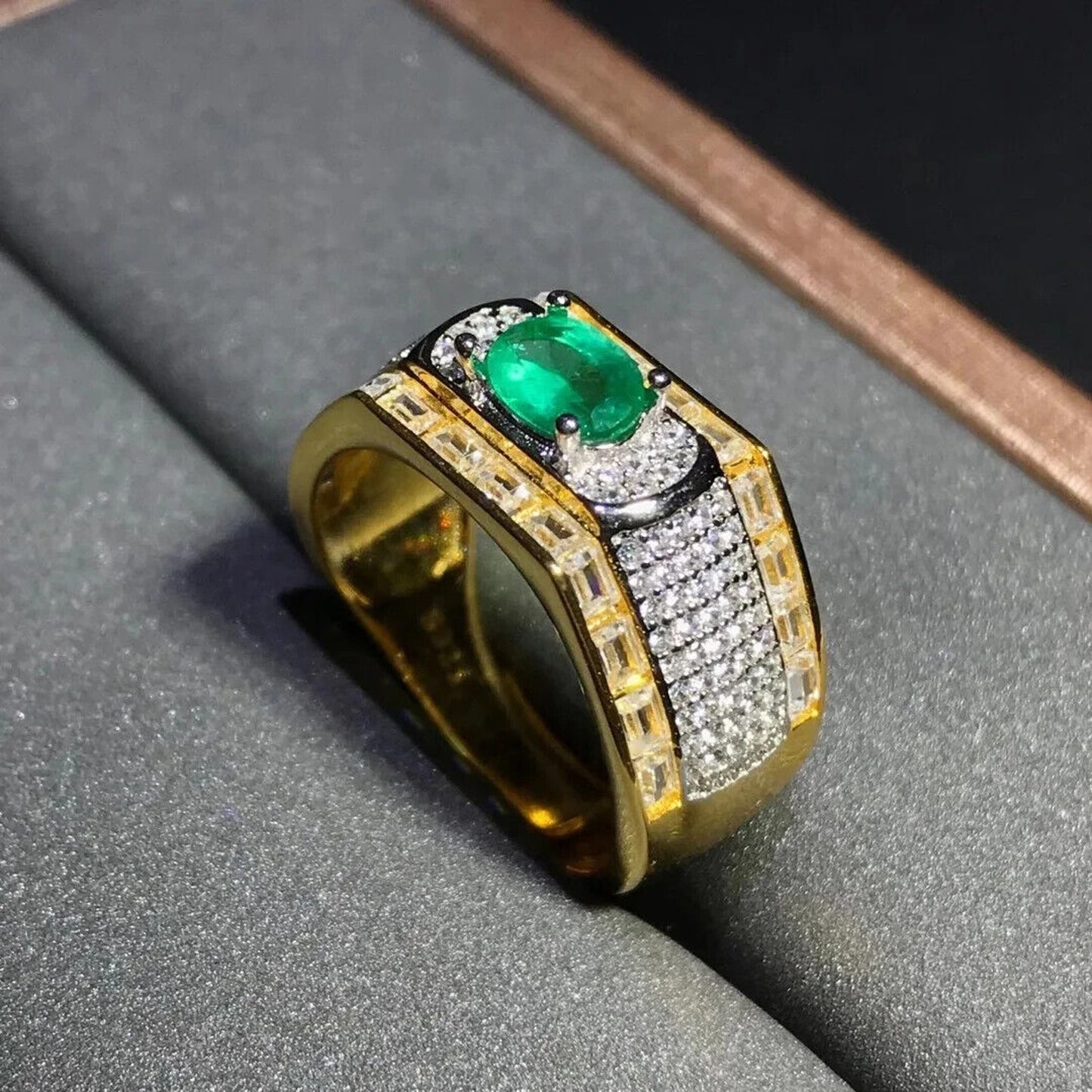 Men's Natural Emerald Ring, Two Tone 4x6mm