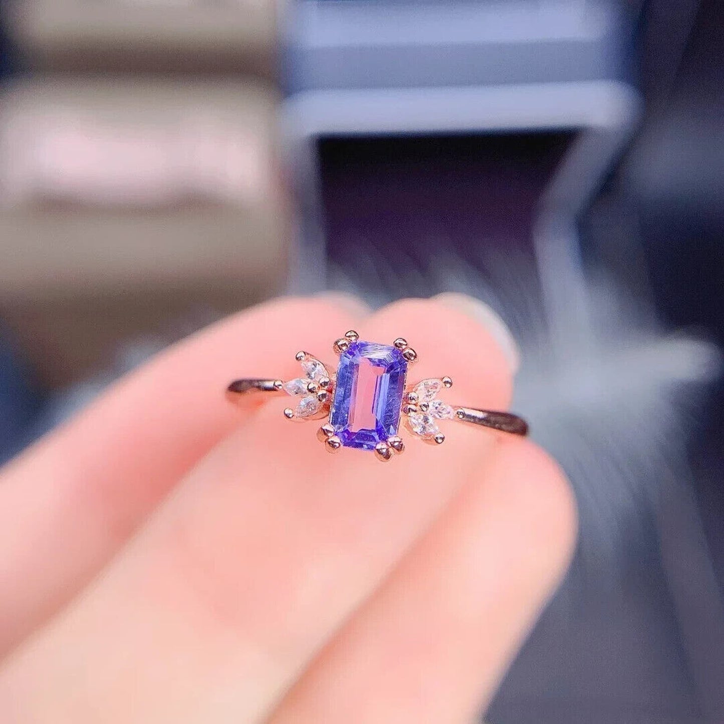 Purple Tanzanite Emerald Cut Ring 4x6mm Sterling Silver