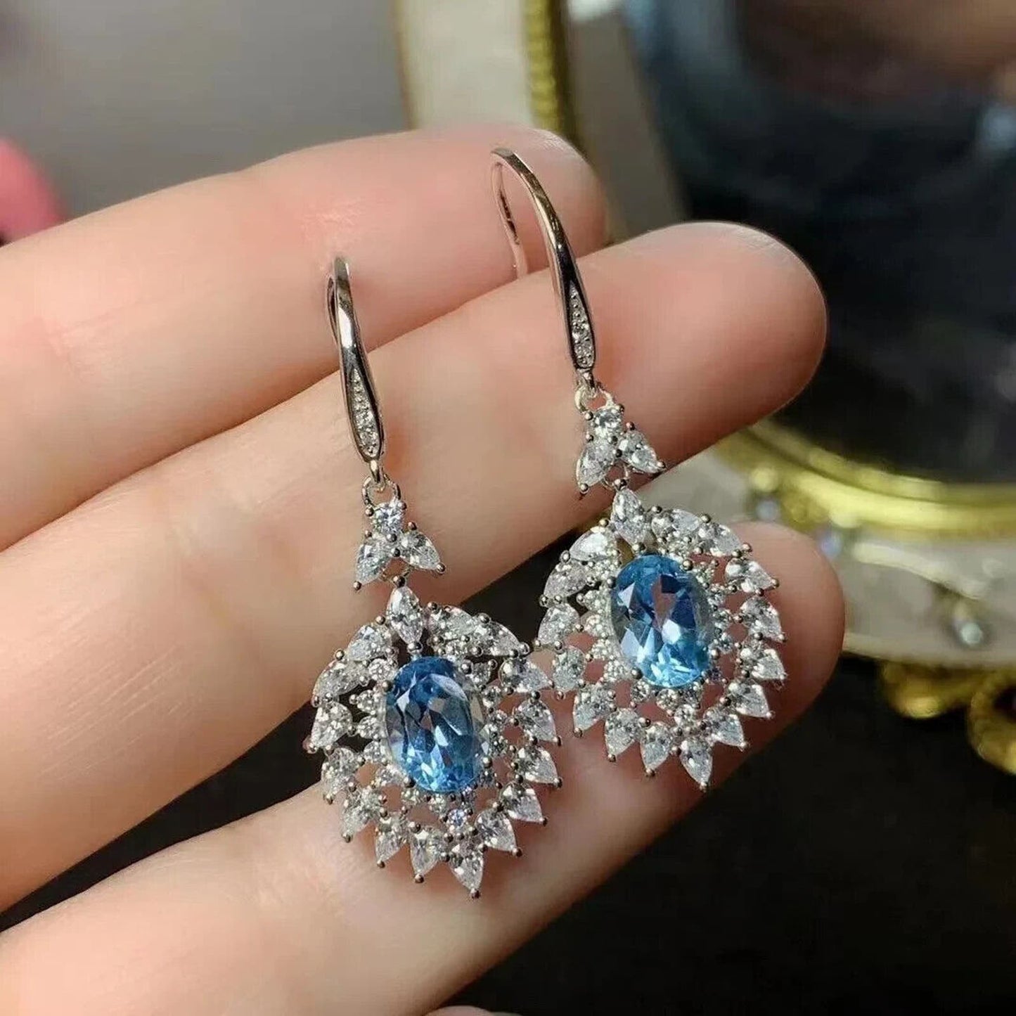 Sky Blue Topaz Cluster Dangle Earrings 6x8mm