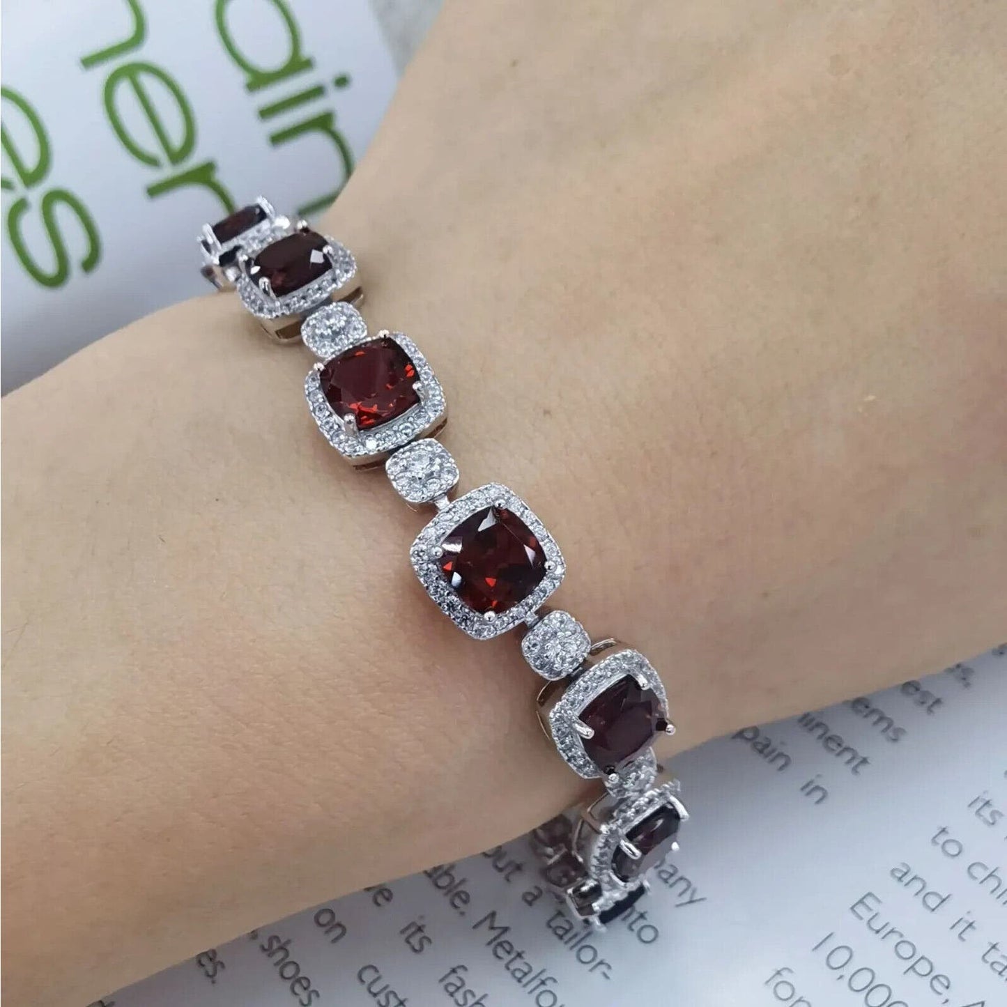 Cushion Cut Red Garnet Tennis Bracelet 6mm Platinum Plated