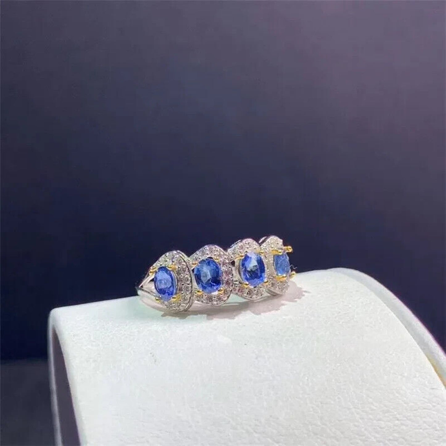 Purple Tanzanite Cluster Band Ring 3x4mm Platinum Plated