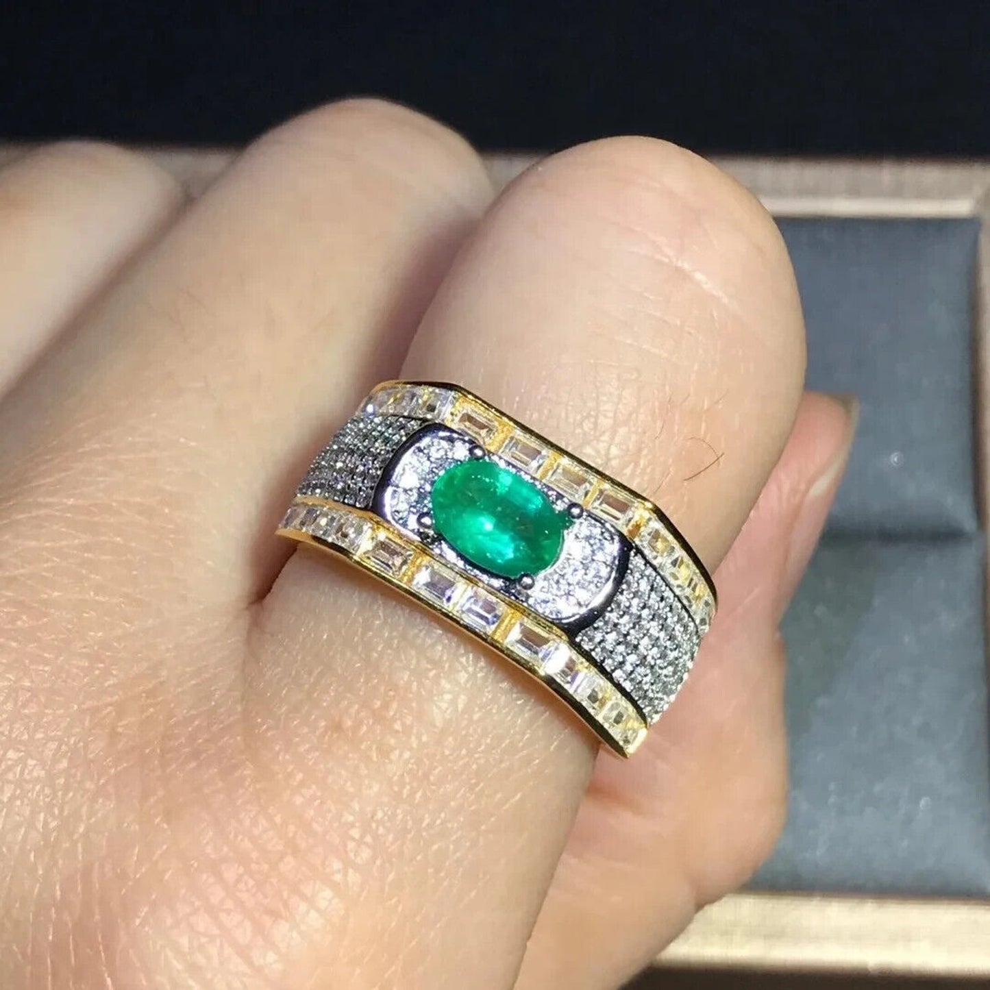 Men's Natural Emerald Ring, Two Tone 4x6mm