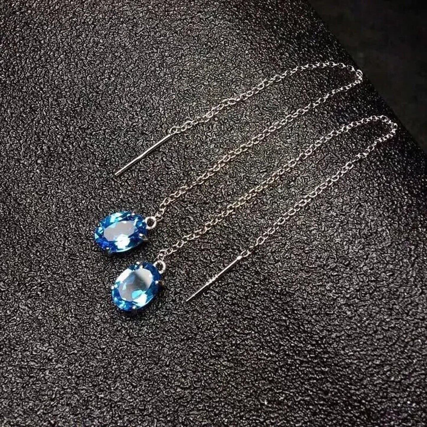 Sky Blue Topaz Long Chain Earrings 6x8mm