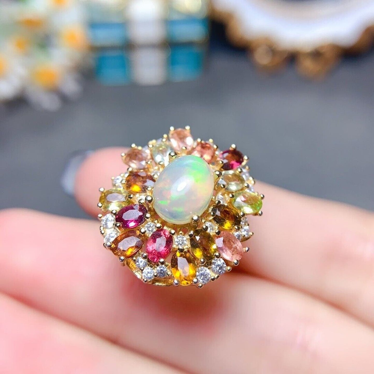 Fire Opal and Multicolor Tourmaline Statement Ring 7x9mm