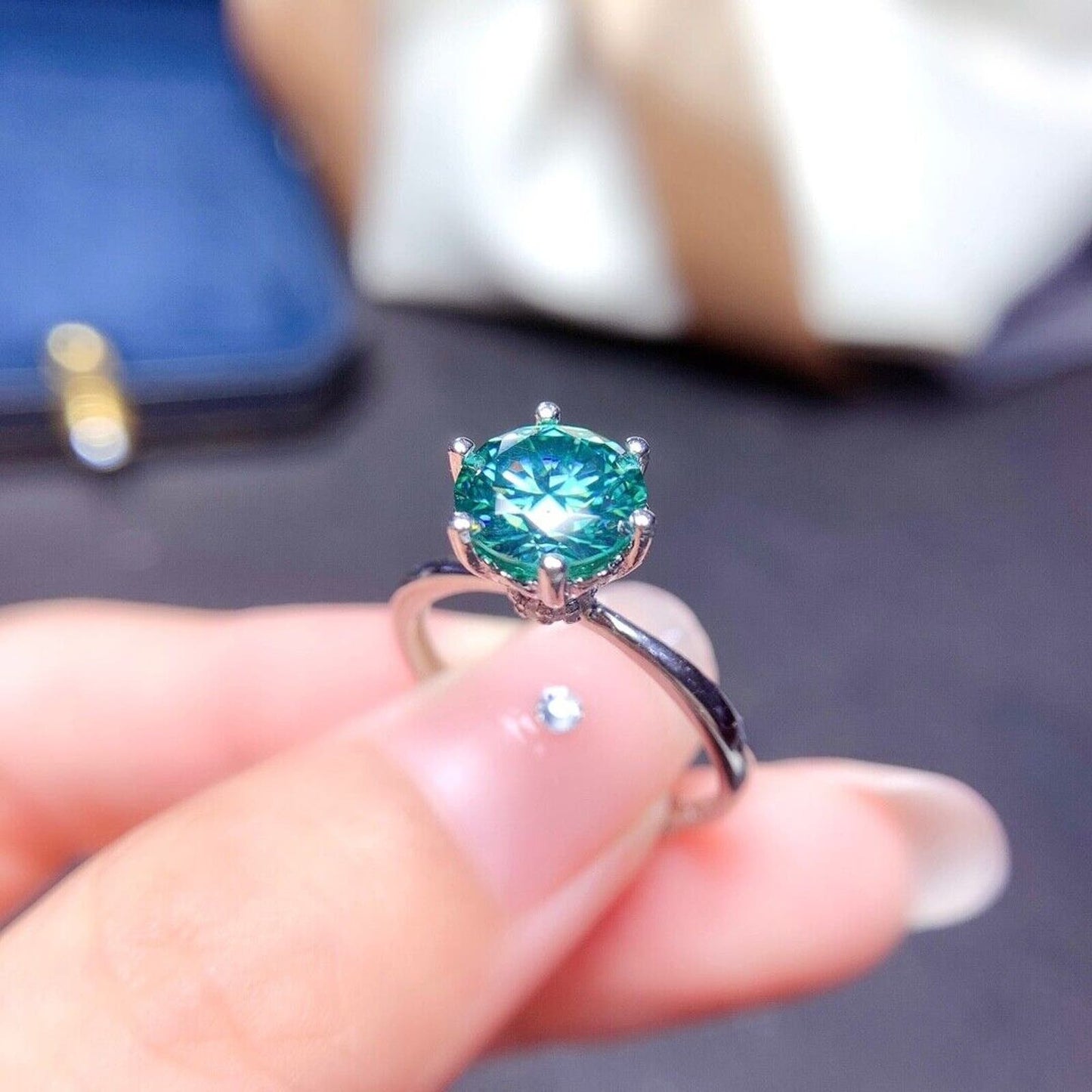 2 Carat Green Moissanite High Setting Cocktail Engagement Ring Sterling Silver