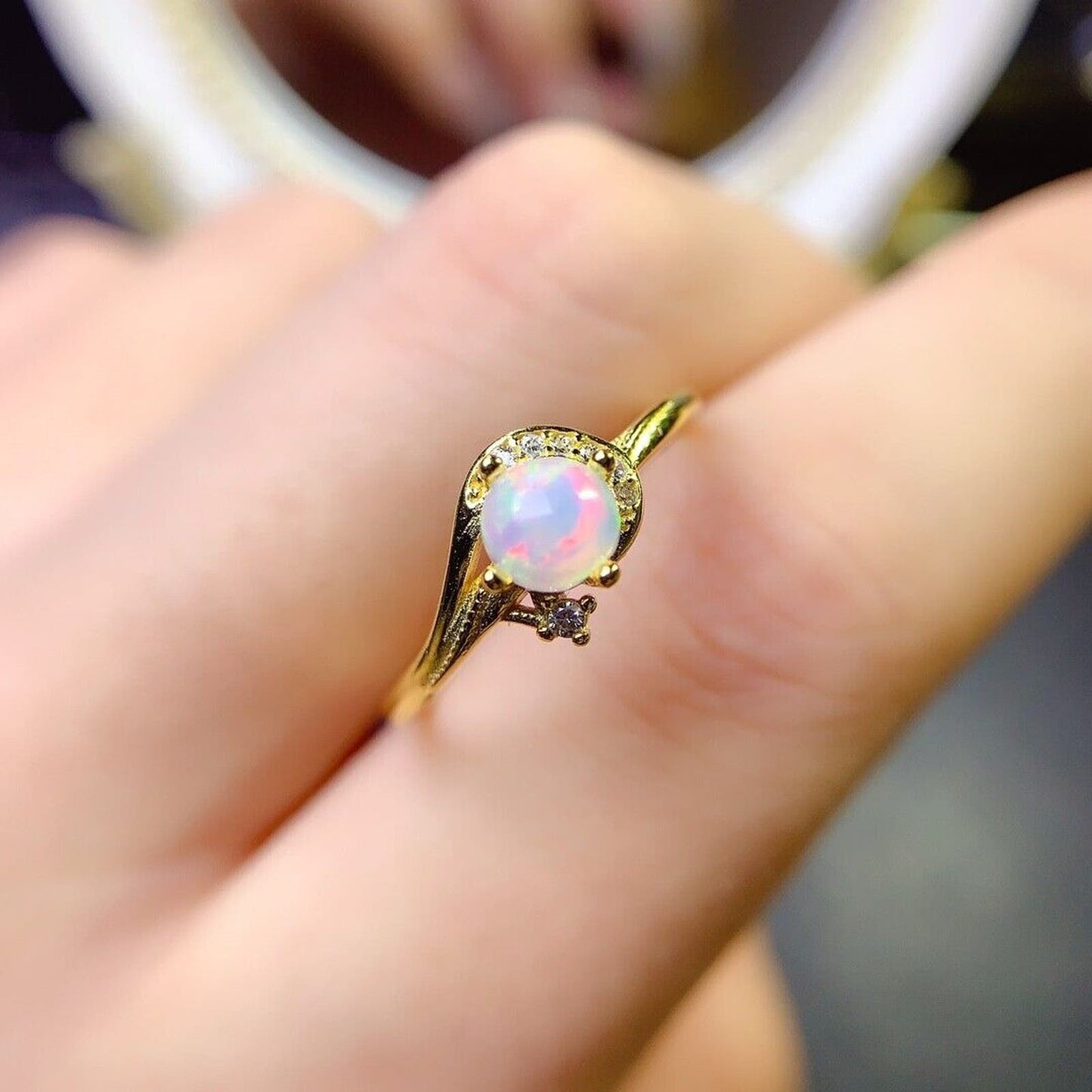 Dainty Opal Cocktail Ring 5mm Sterling Silver