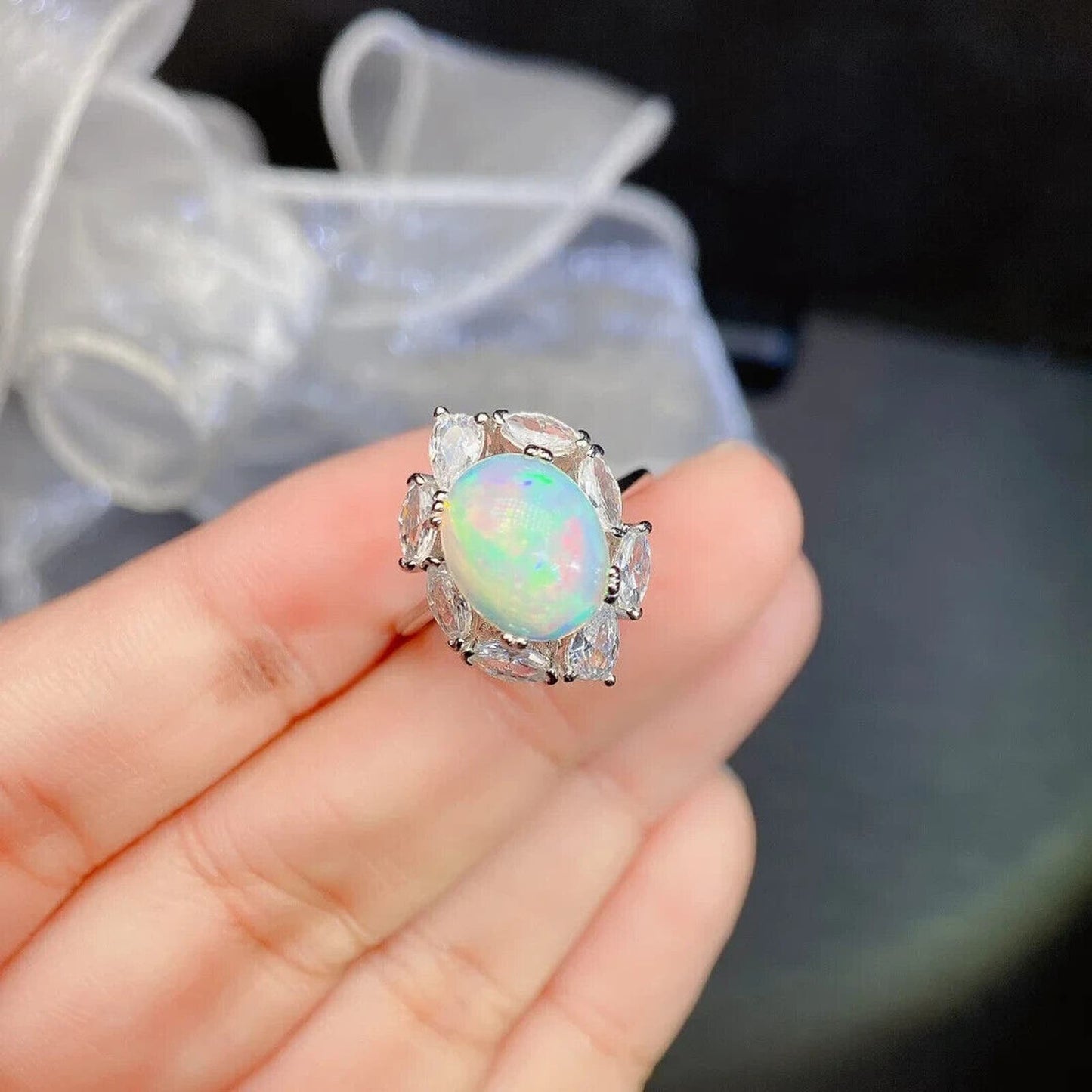 White Fire Opal Cluster Ring 10x12mm Sterling Silver