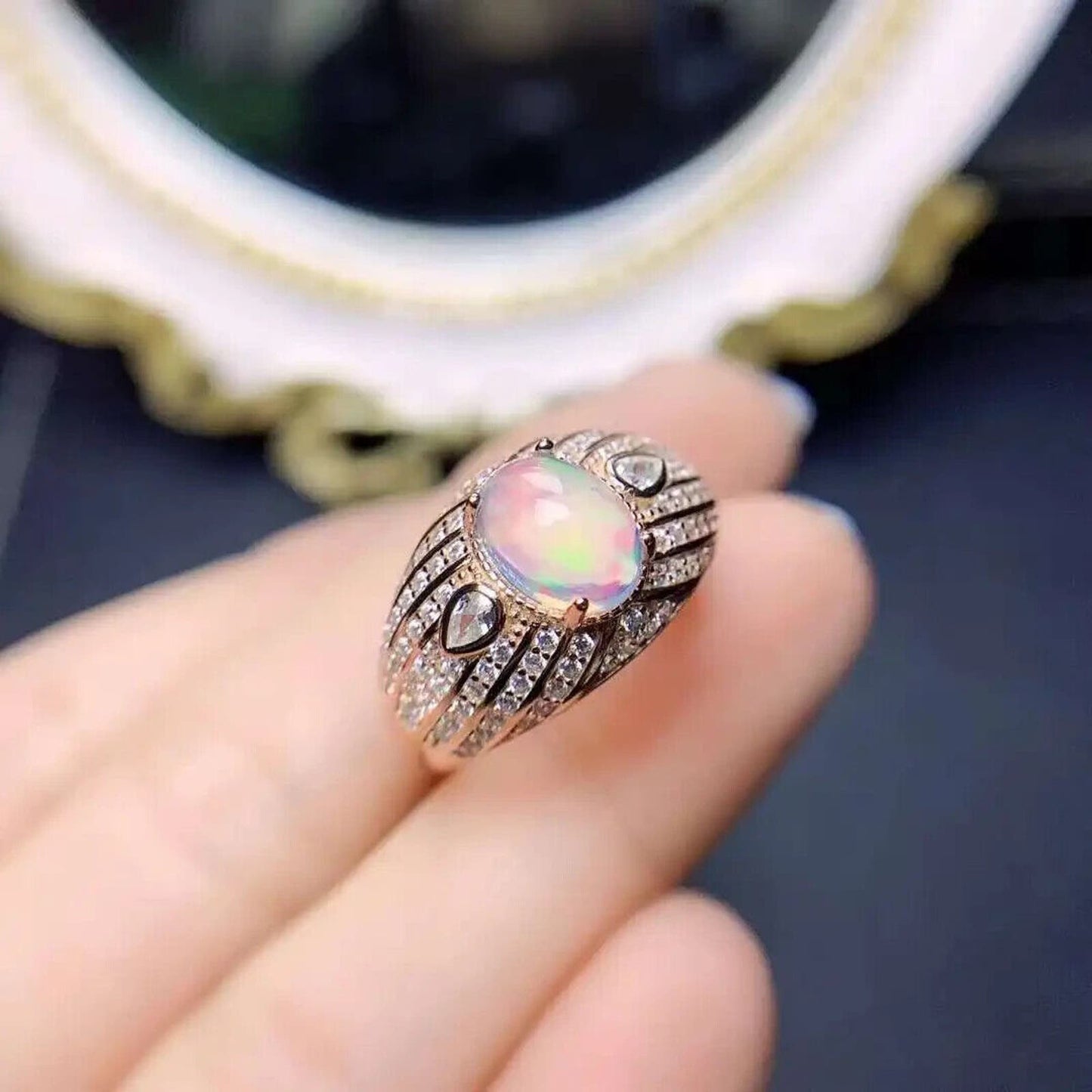 Natural White Opal Cocktail Ring 7x9mm Platinum Plated