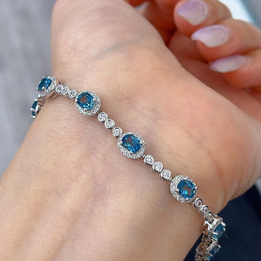 Natural London Blue Topaz Tennis Bracelet 4x5mm Platinum Plated