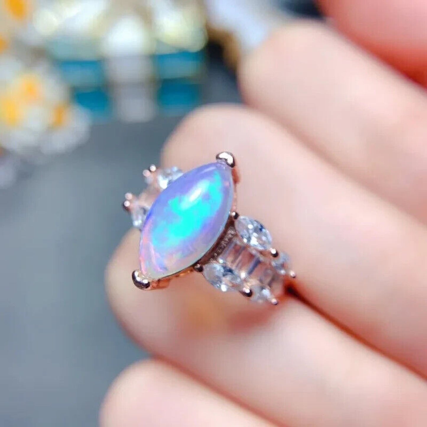 Marquise Cut Fire Opal Ring 7x15mm 925 Sterling Silver