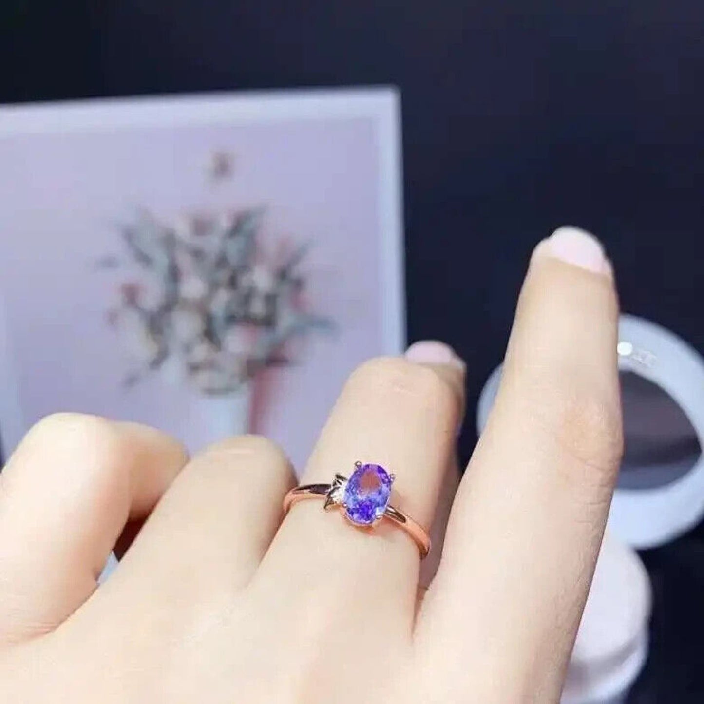 Purple Tanzanite Solitaire Ring 5x7mm Platinum Plated