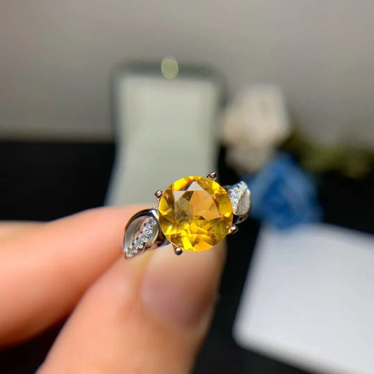 Round Cut Citrine Gemstone Ring 8mm Sterling Silver