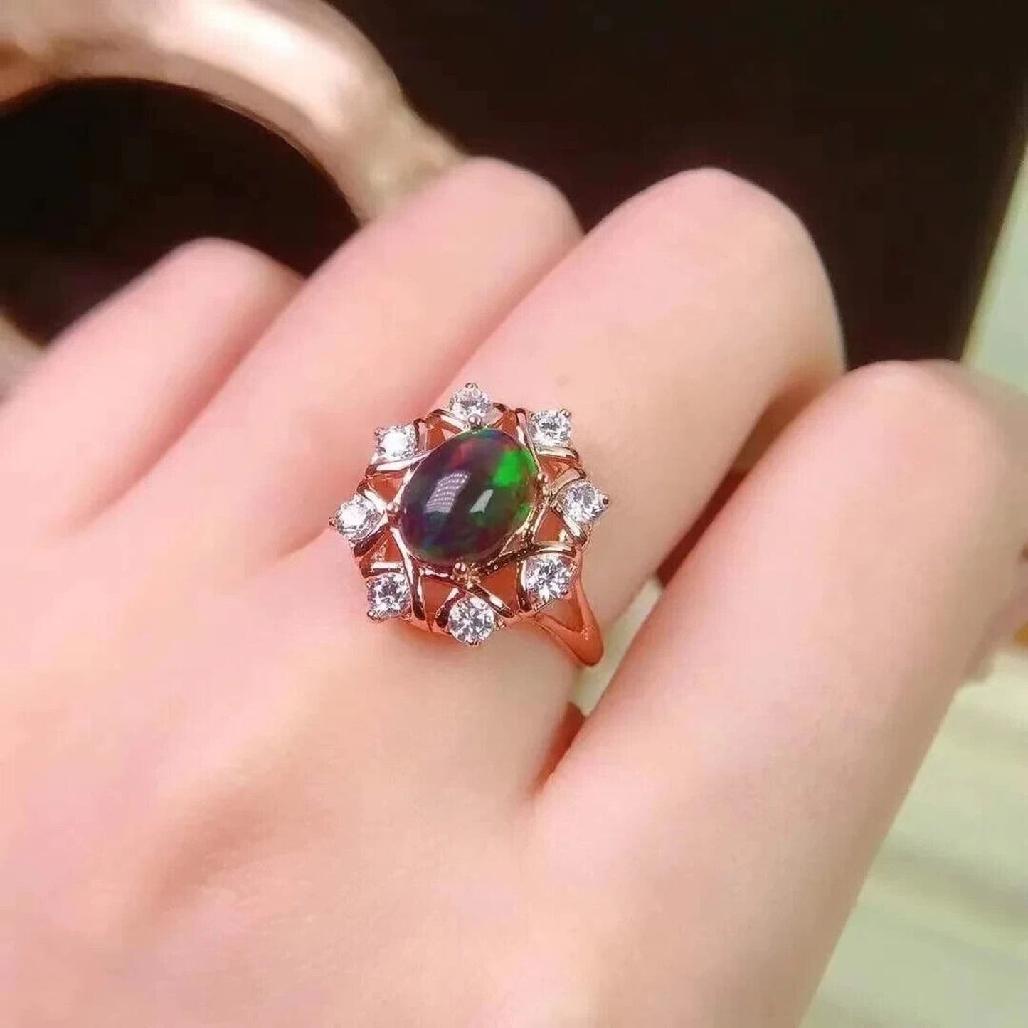 Black Fire Opal Cluster Cocktail Ring 7x9mm