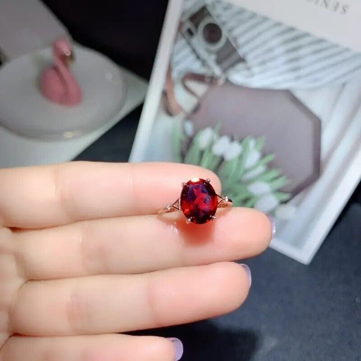 Dark Red Oval Cut Cocktail Ring 6x8mm Platinum Plated