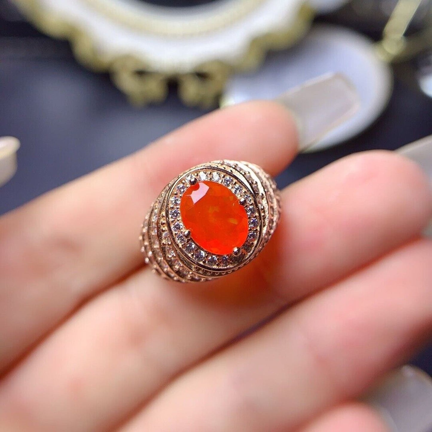 Natural Orange Fire Opal Cocktail Ring 7x9mm