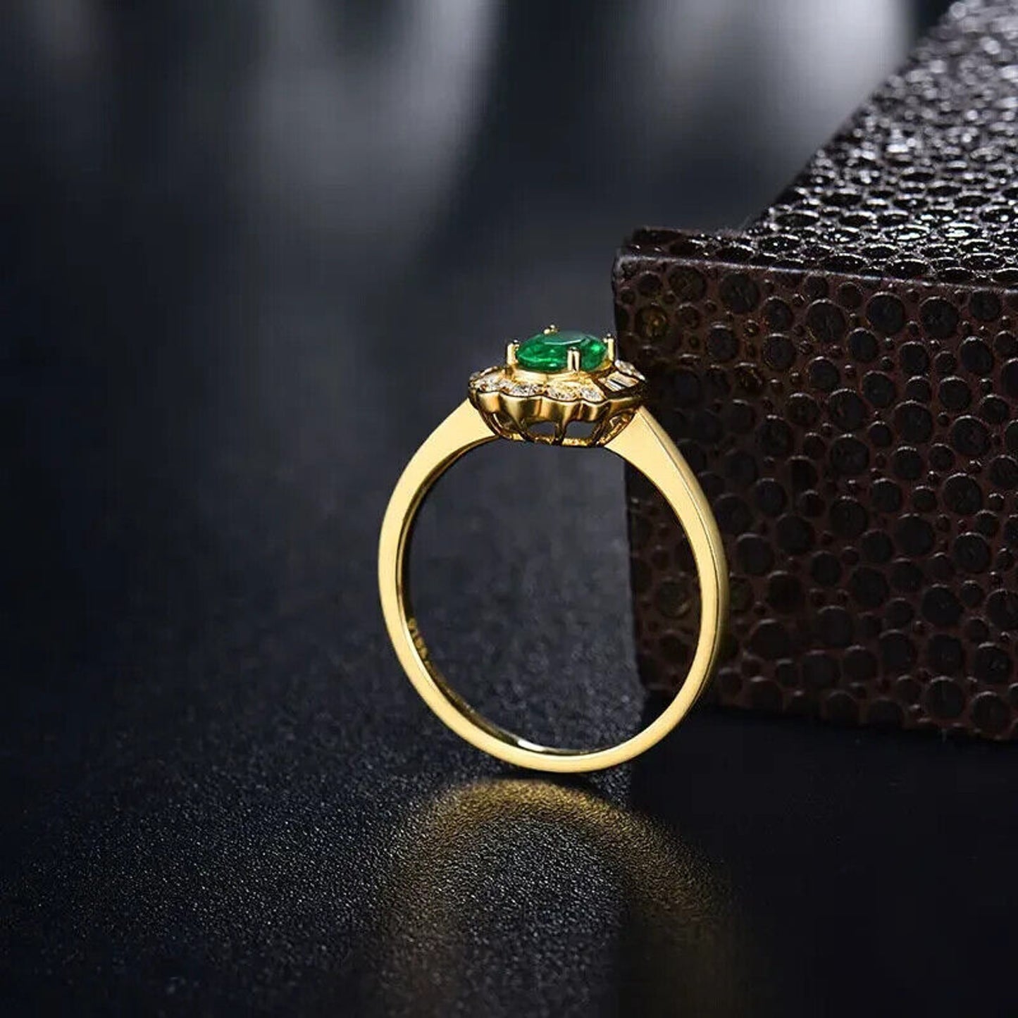 Natural Emerald and Diamond 14k Yellow Gold Cocktail Ring