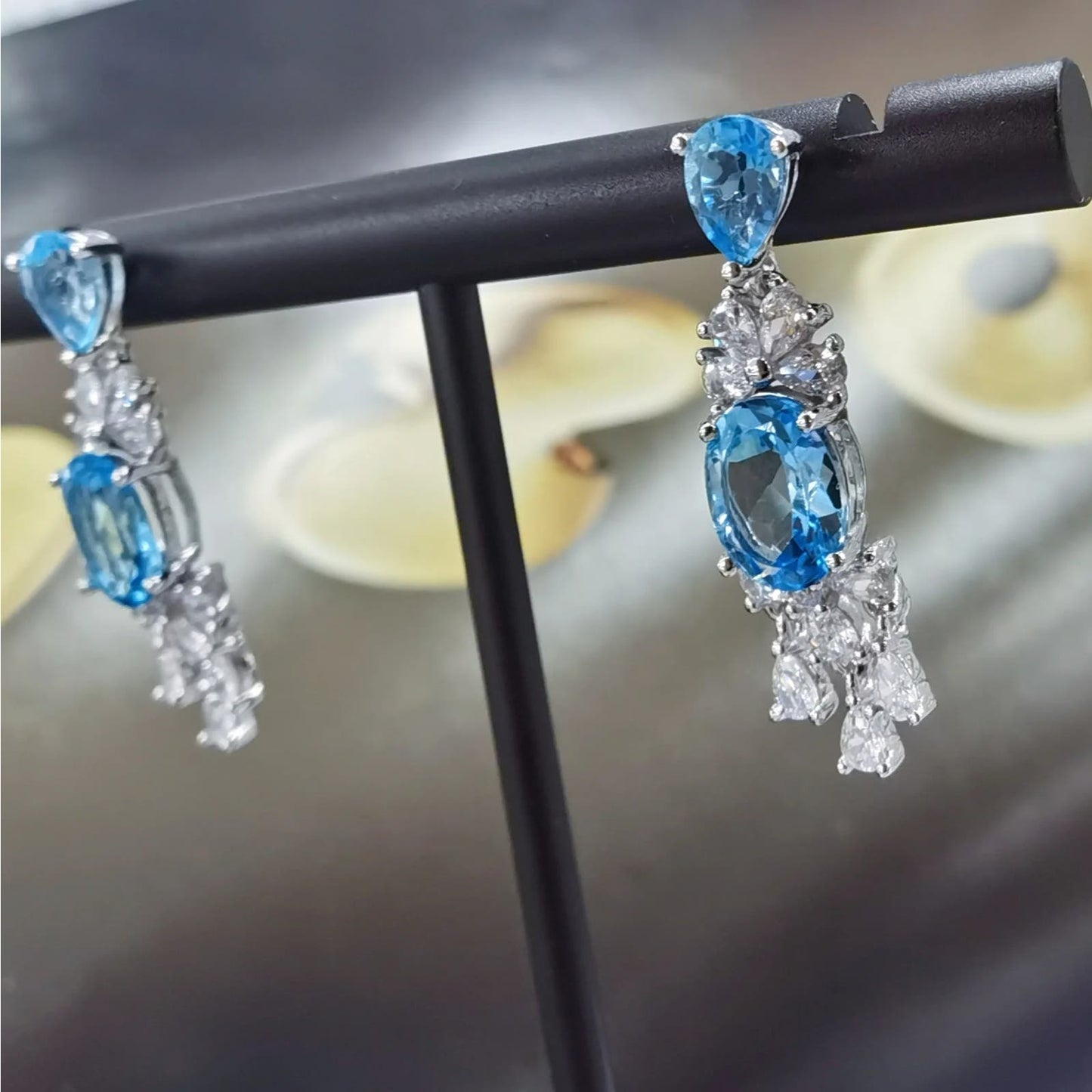 Swiss Blue Topaz Gemstone Dangle Earrings 4x6mm