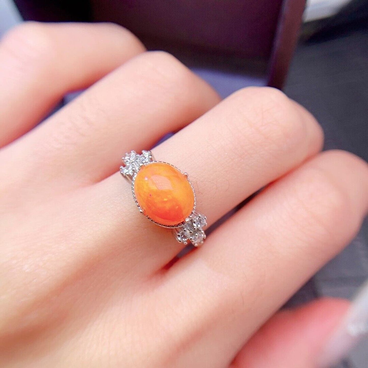 Orange Fire Opal Horizontal Cocktail Ring 8x10mm